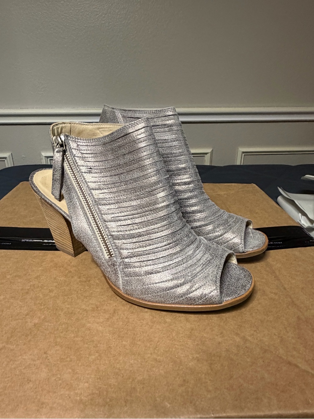 Silver Peep-Toe Block Heel Women's Booties